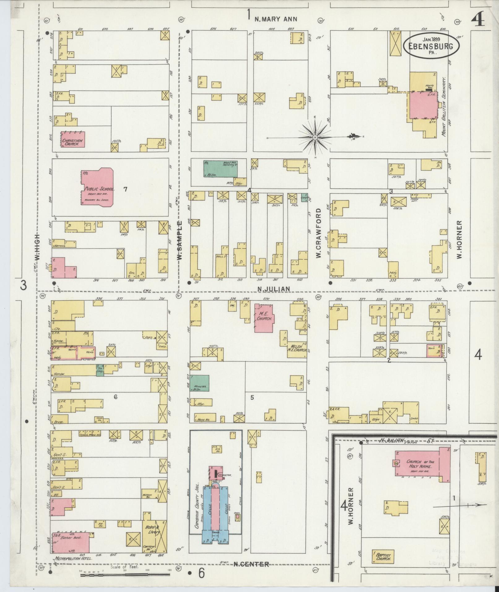 Sanborn Fire Insurance Map from Ebensburg, Cambria County, Pennsylvania (1899), Sheet #0004 - Historic Sanborn Fire Insurance Map Print, vintage old map wall art, antique decor, genealogy gift, Pennsylvania Pennsylvania map