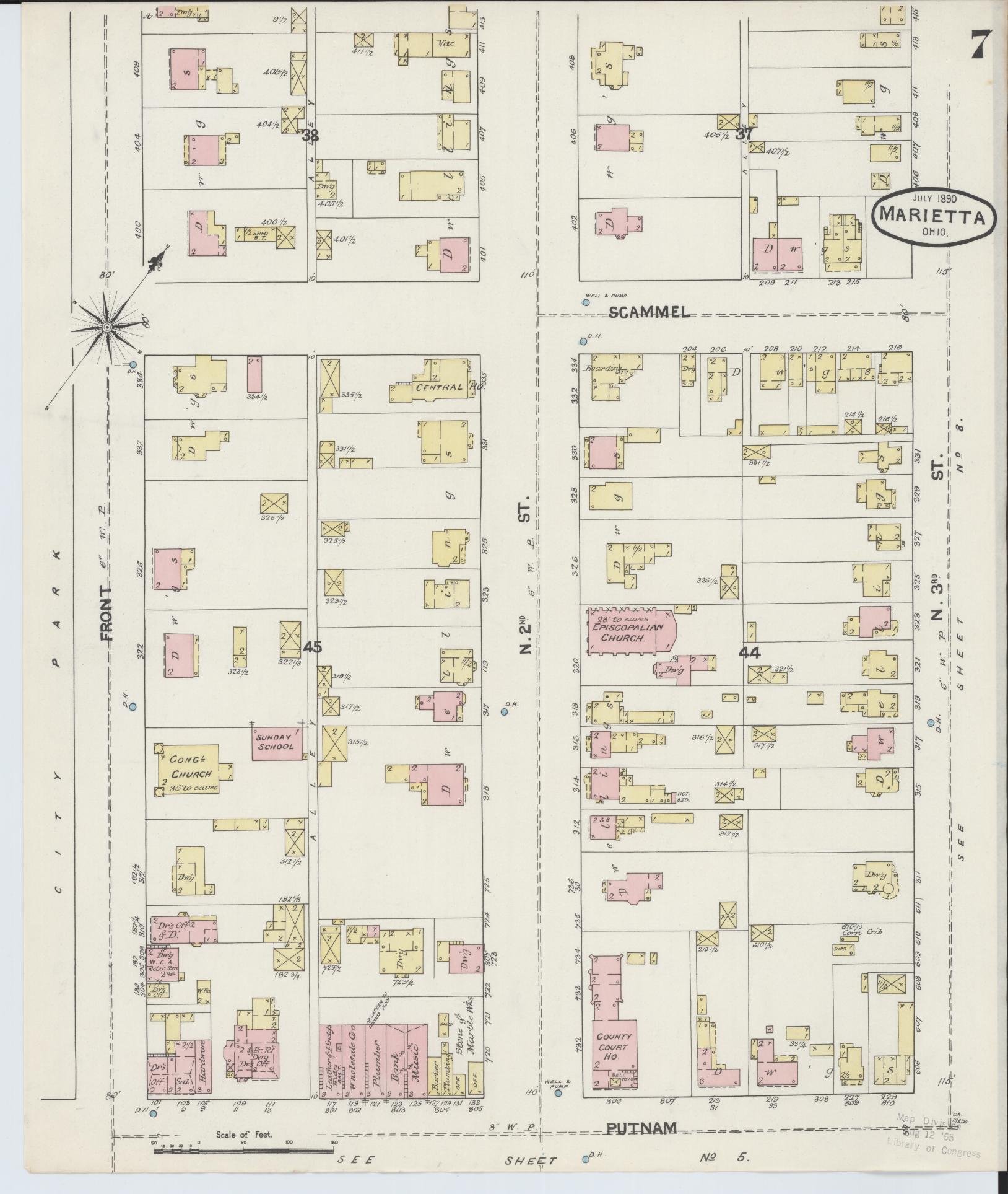 Sanborn Fire Insurance Map from Marietta, Washington County, Ohio (1890), Sheet #0007 - Historic Sanborn Fire Insurance Map Print, vintage old map wall art, antique decor, genealogy gift, Ohio Ohio map