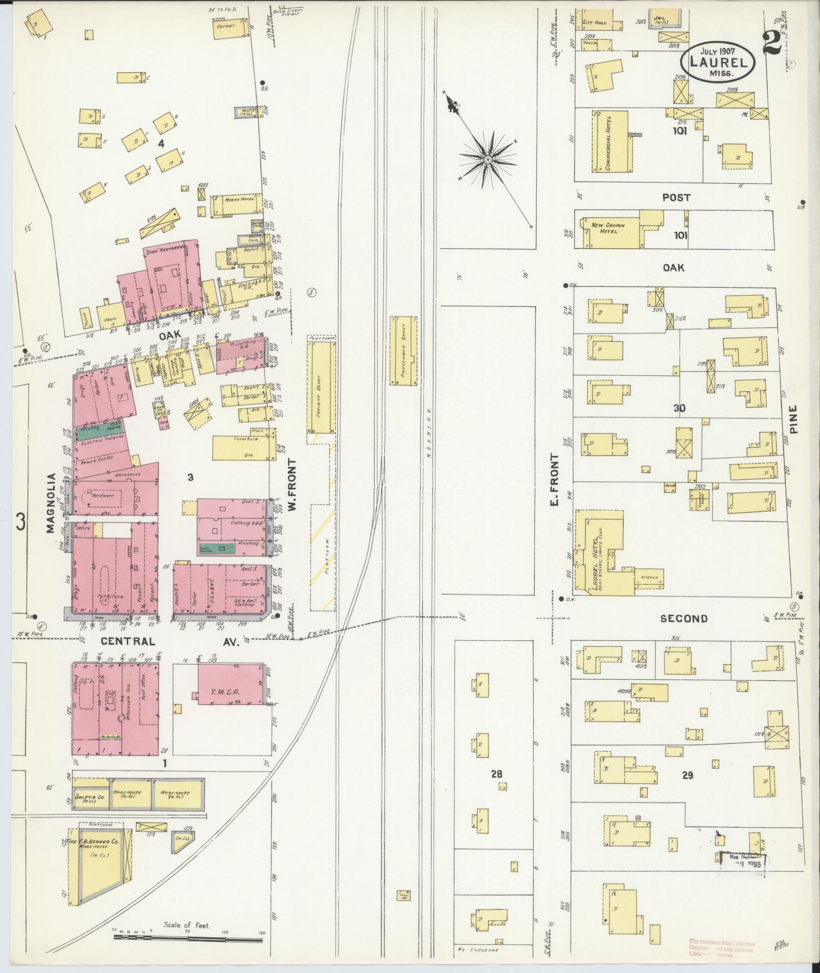 Sanborn Fire Insurance Map from Laurel, Jones County, Mississippi (1907), Sheet #0002 - Historic Sanborn Fire Insurance Map Print, vintage old map wall art, antique decor, genealogy gift, Mississippi Mississippi map