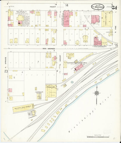 Sanborn Fire Insurance Map from Fort Madison, Lee County, Iowa (1913), Sheet #0024 - Historic Sanborn Fire Insurance Map Print, vintage old map wall art