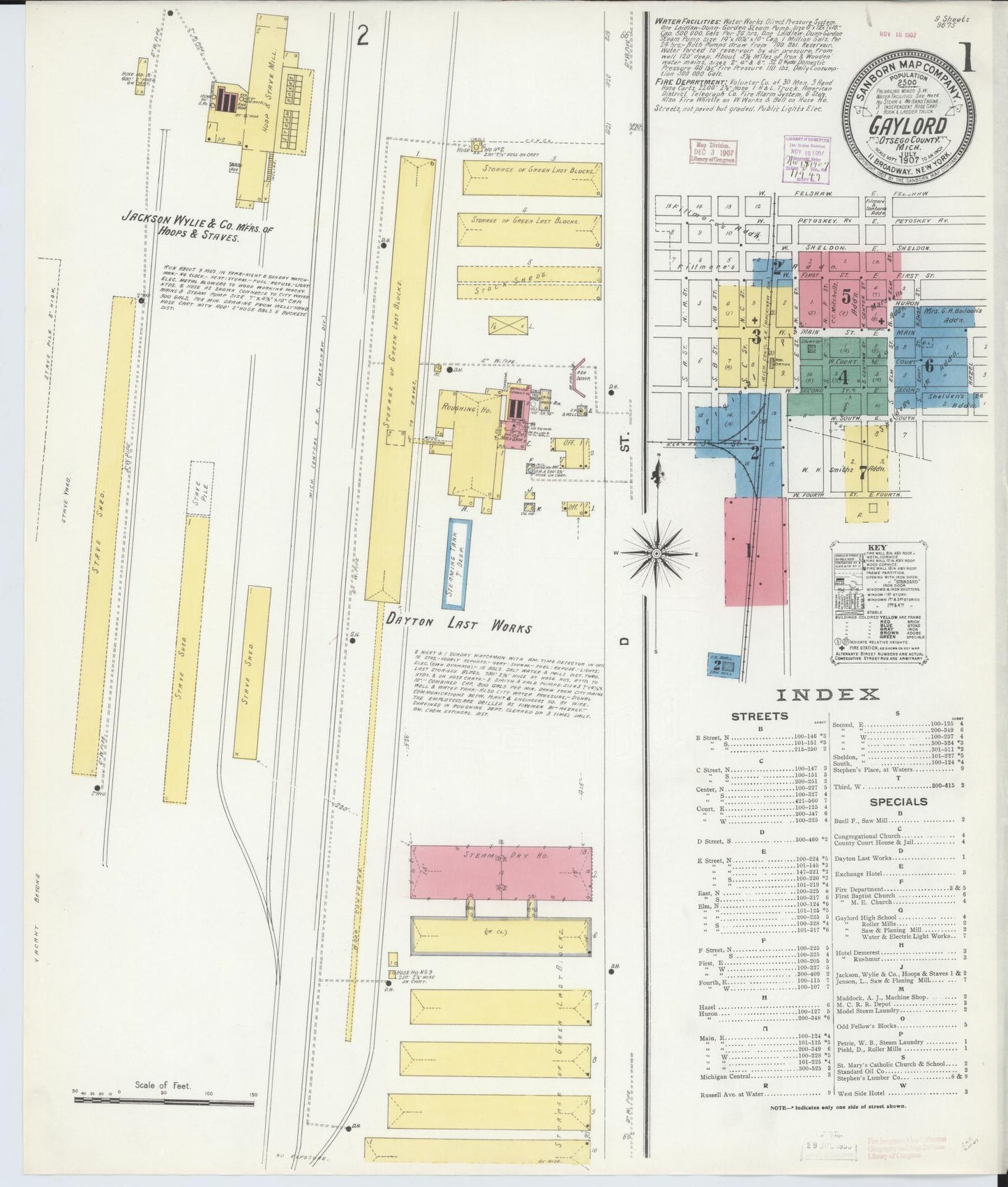 Sanborn Fire Insurance Map from Gaylord, Otsego County, Michigan (1907), Sheet #0001 - Complete Map Set gallery image, historic Sanborn map, vintage wall art, Michigan Michigan