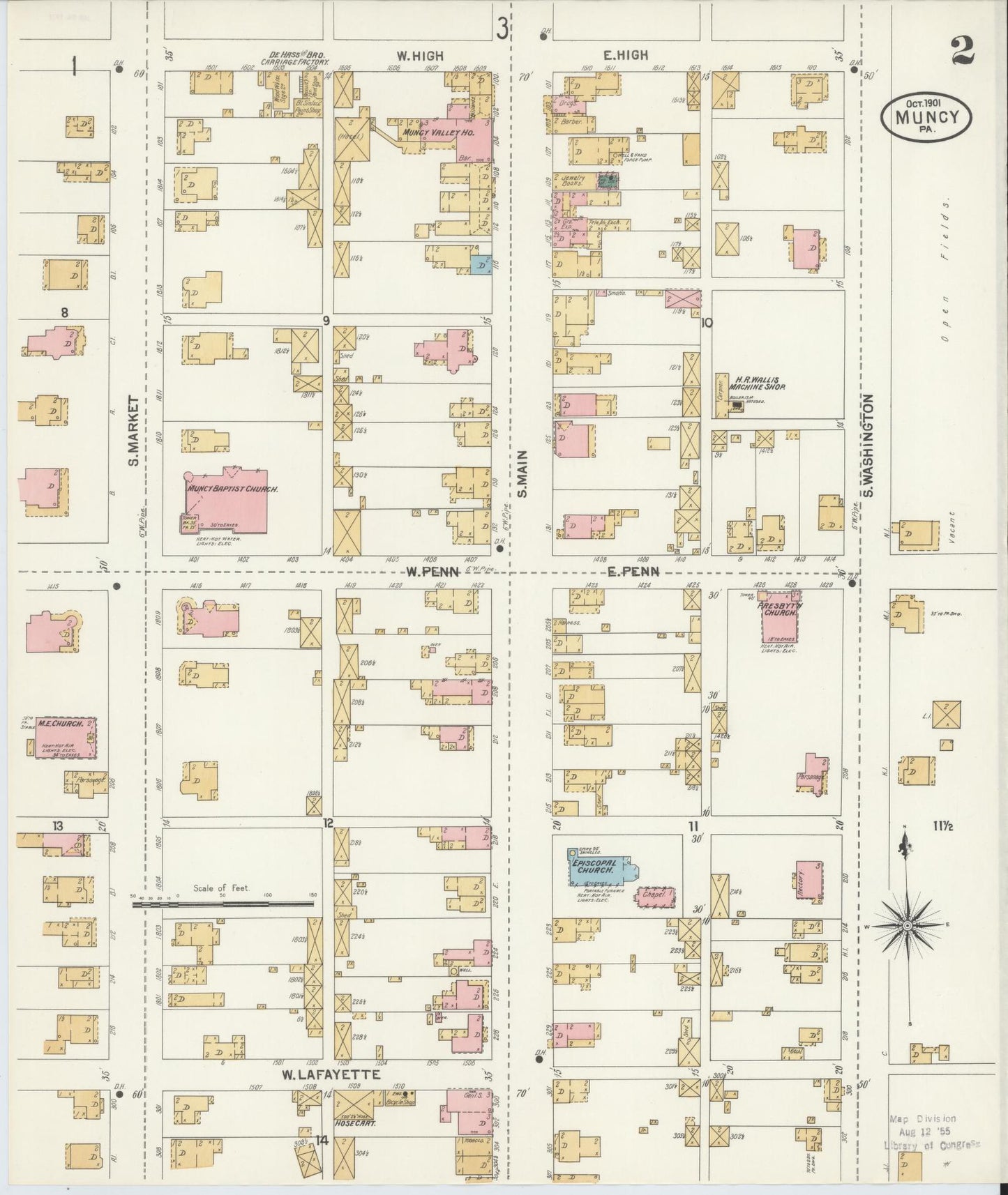 Sanborn Fire Insurance Map from Muncy, Lycoming County, Pennsylvania (1901), Sheet #0002 - Historic Sanborn Fire Insurance Map Print, vintage old map wall art, antique decor, genealogy gift, Pennsylvania Pennsylvania map