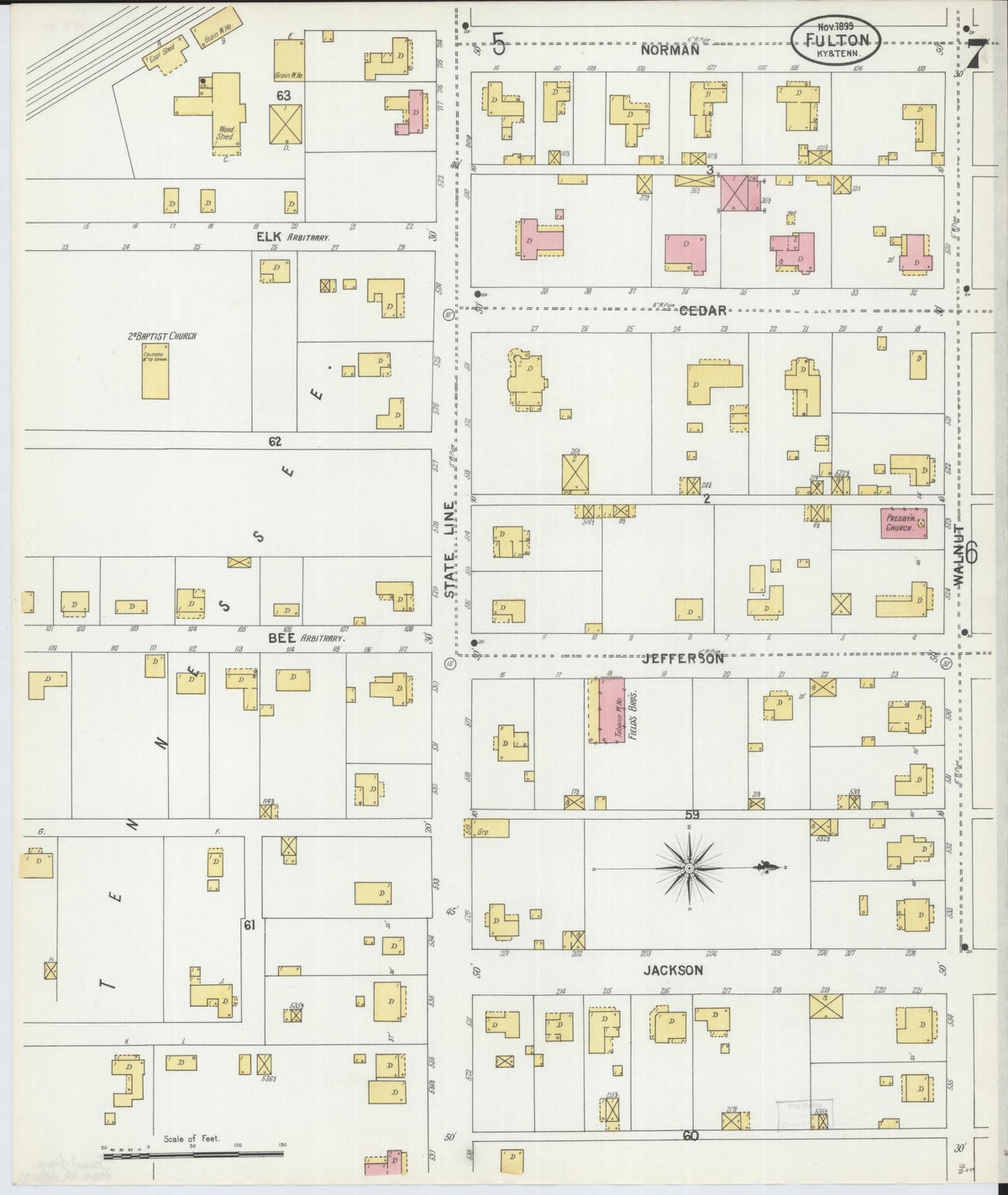 Sanborn Fire Insurance Map from Fulton, Fulton County, Kentucky (1899), Sheet #0007 - Complete Map Set gallery image, historic Sanborn map, vintage wall art, Tennessee Tennessee
