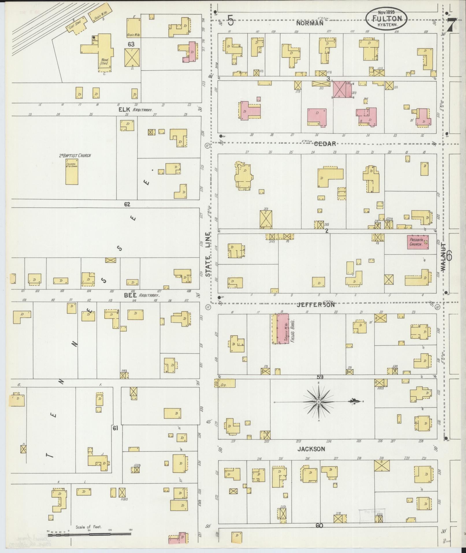 Sanborn Fire Insurance Map from Fulton, Fulton County, Kentucky (1899), Sheet #0007 - Complete Map Set gallery image, historic Sanborn map, vintage wall art, Tennessee Tennessee