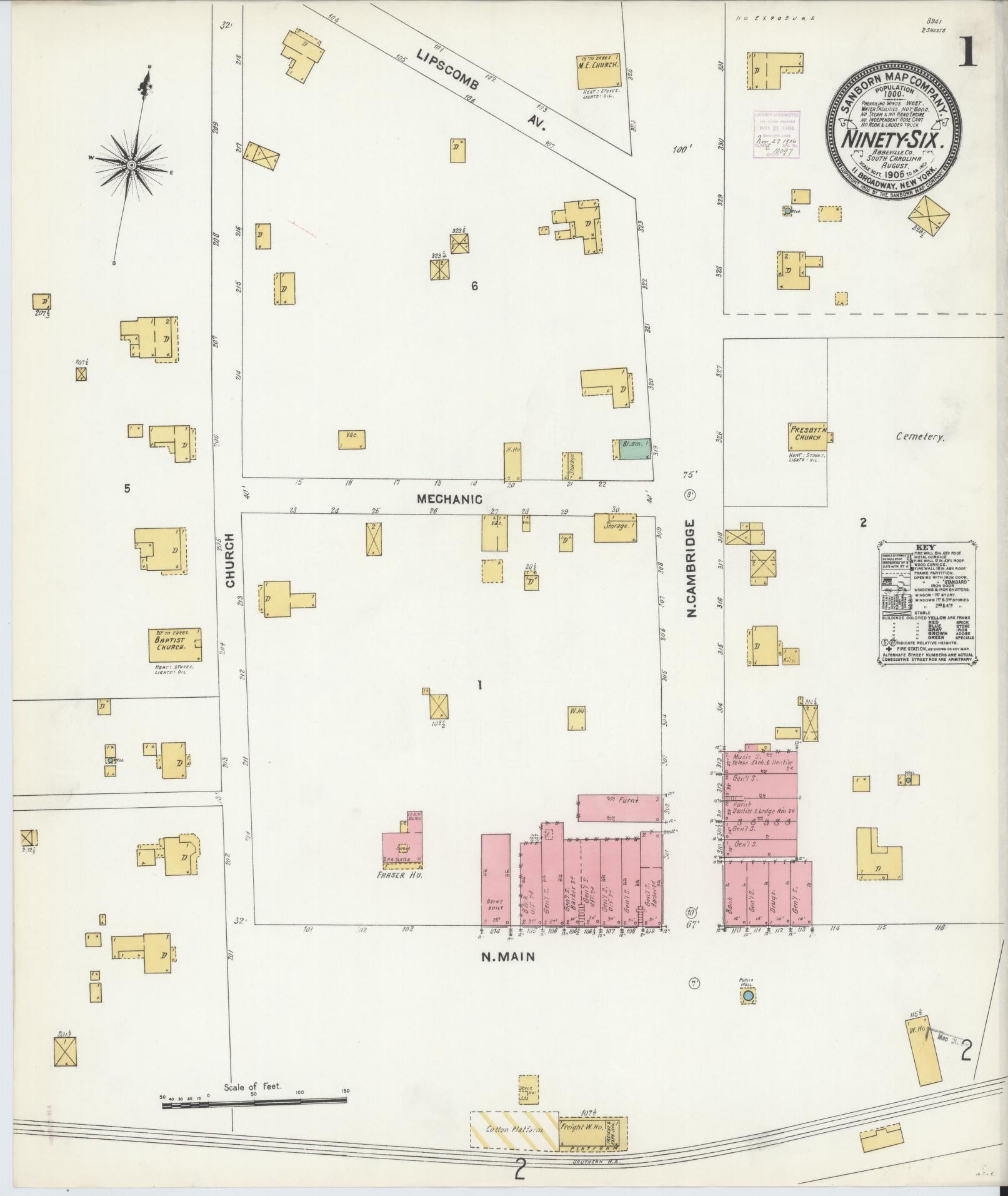 Sanborn Fire Insurance Map from Ninety Six, Greenwood County, South Carolina (1906), Sheet #0001 - Historic Sanborn Fire Insurance Map Print, vintage old map wall art, antique decor, genealogy gift, South Carolina South Carolina map