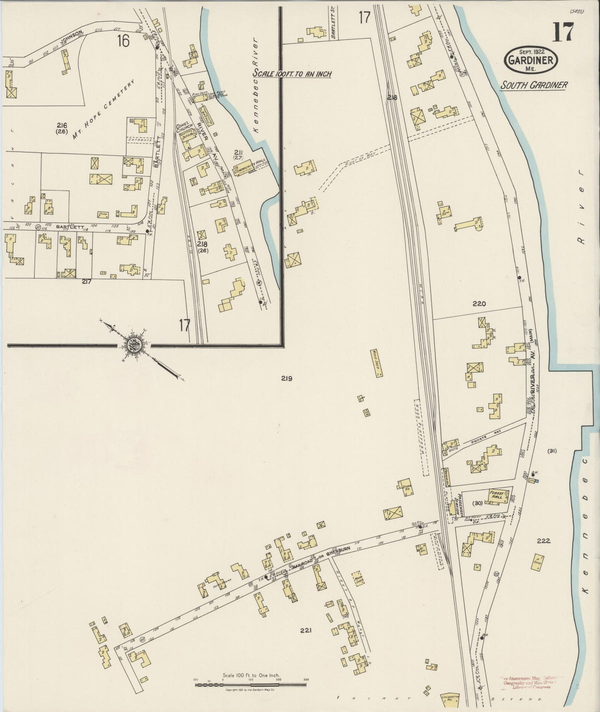 Sanborn Fire Insurance Map from Gardiner, Kennebec County, Maine (1922), Sheet #0017 - Historic Sanborn Fire Insurance Map Print, vintage old map wall art, antique decor, genealogy gift, Maine Maine map