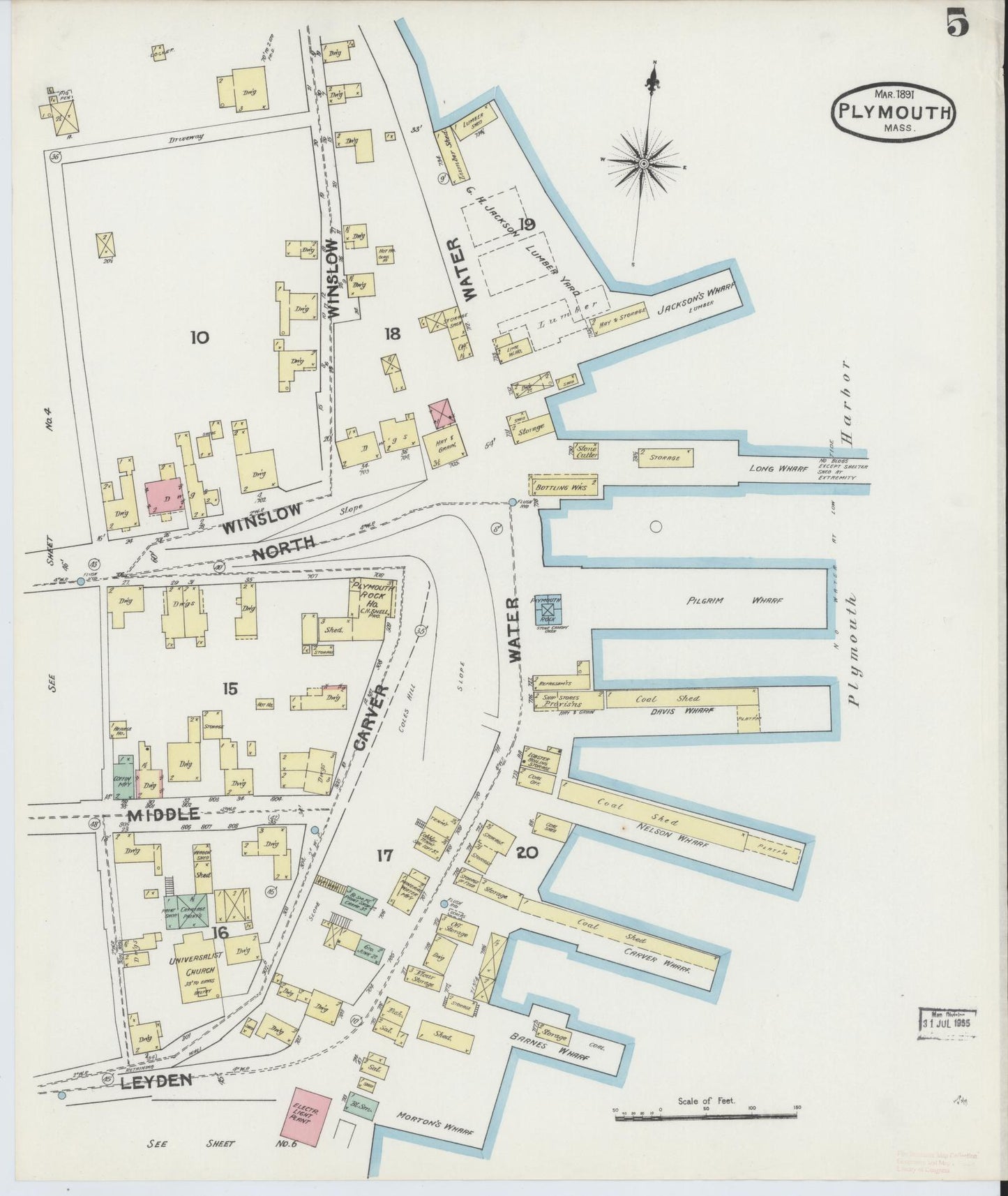 Sanborn Fire Insurance Map from Plymouth, Plymouth County, Massachusetts (1891), Sheet #0005 - Historic Sanborn Fire Insurance Map Print, vintage old map wall art, antique decor, genealogy gift, Massachusetts Massachusetts map