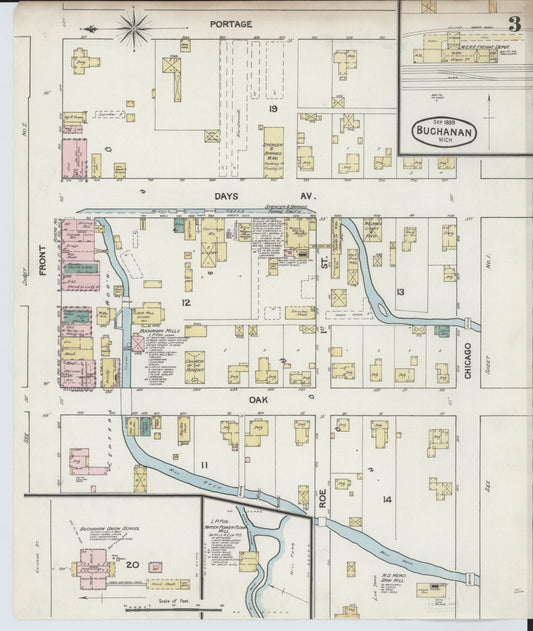 Sanborn Fire Insurance Map from Buchanan, Berrien County, Michigan (1889), Sheet #0003 - Historic Sanborn Fire Insurance Map Print, vintage old map wall art, antique decor, genealogy gift, Michigan Michigan map