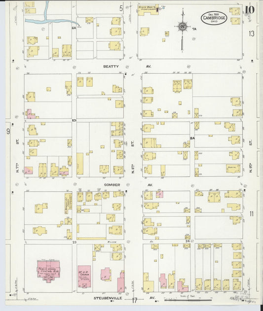Sanborn Fire Insurance Map from Cambridge, Guernsey County, Ohio (1909), Sheet #0010 - Historic Sanborn Fire Insurance Map Print, vintage old map wall art, antique decor, genealogy gift, Ohio Ohio map
