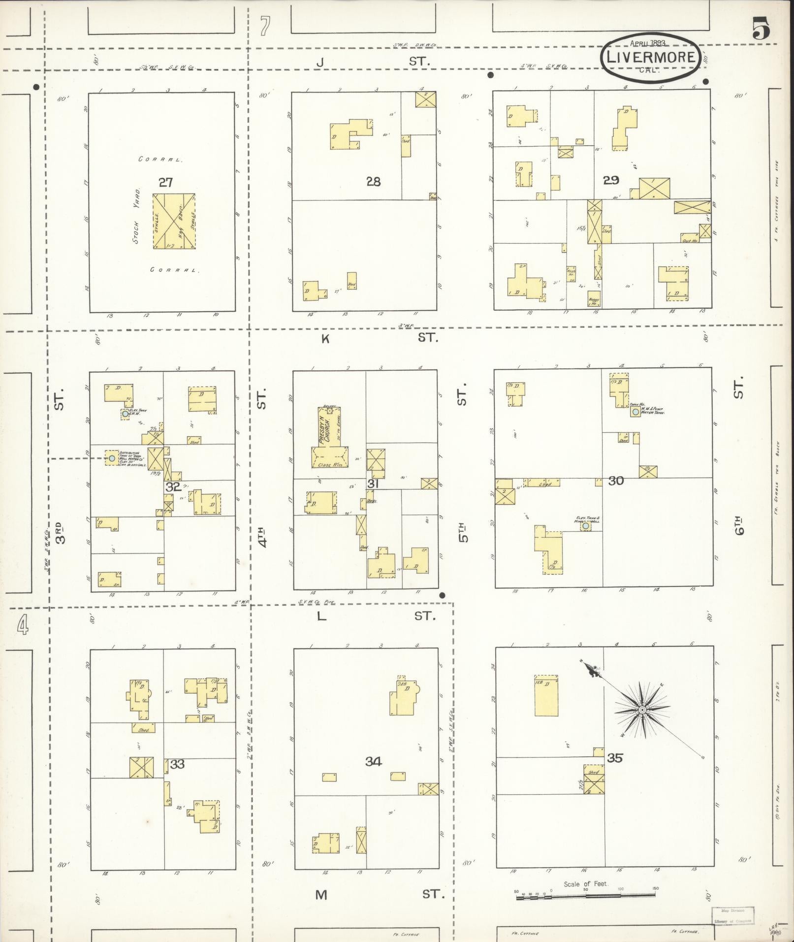 Sanborn Fire Insurance Map from Livermore, Alameda County, California (1893), Sheet #0005 - Historic Sanborn Fire Insurance Map Print, vintage old map wall art, antique decor, genealogy gift, California California map