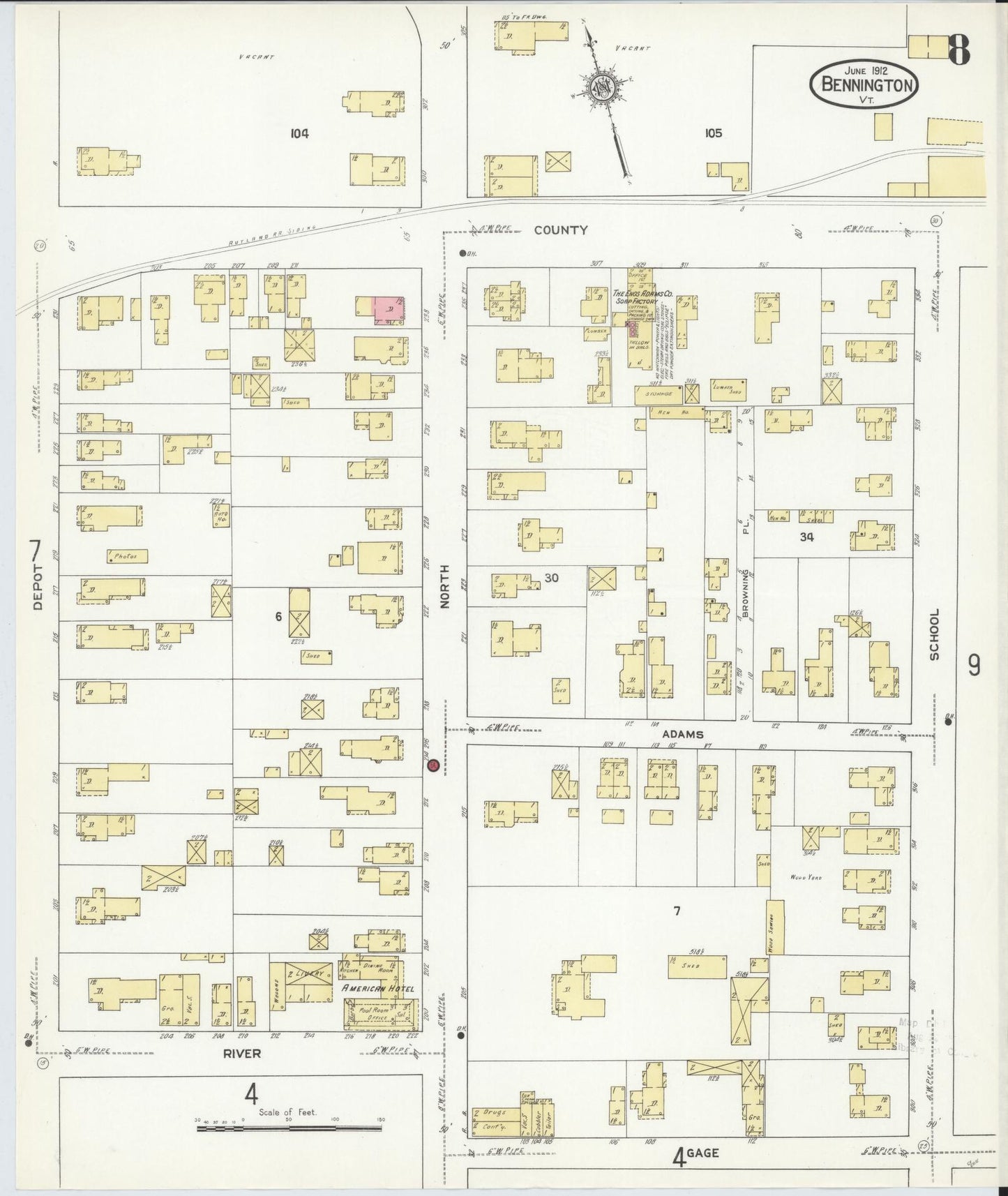 Sanborn Fire Insurance Map from Bennington, Bennington County, Vermont (1912), Sheet #0008 - Complete Map Set gallery image, historic Sanborn map, vintage wall art, Vermont Vermont