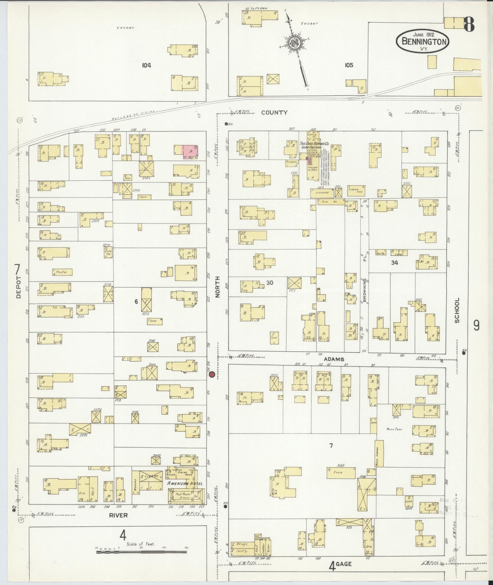 Sanborn Fire Insurance Map from Bennington, Bennington County, Vermont (1912), Sheet #0008 - Complete Map Set gallery image, historic Sanborn map, vintage wall art, Vermont Vermont