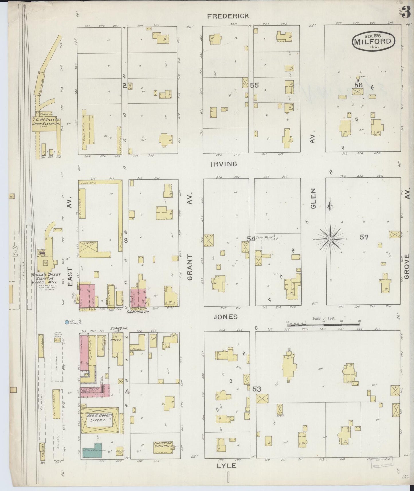 Sanborn Fire Insurance Map from Milford, Iroquois County, Illinois (1893), Sheet #0003 - Complete Map Set gallery image, historic Sanborn map, vintage wall art, Illinois Illinois