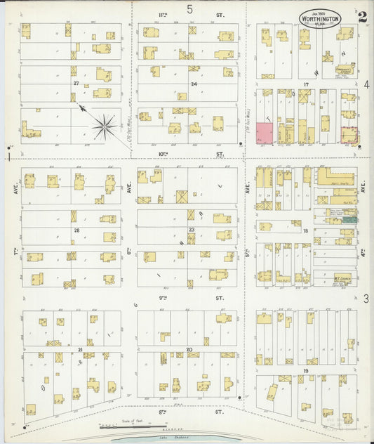 Sanborn Fire Insurance Map from Worthington, Nobles County, Minnesota (1900), Sheet #0002 - Historic Sanborn Fire Insurance Map Print, vintage old map wall art, antique decor, genealogy gift, Minnesota Minnesota map
