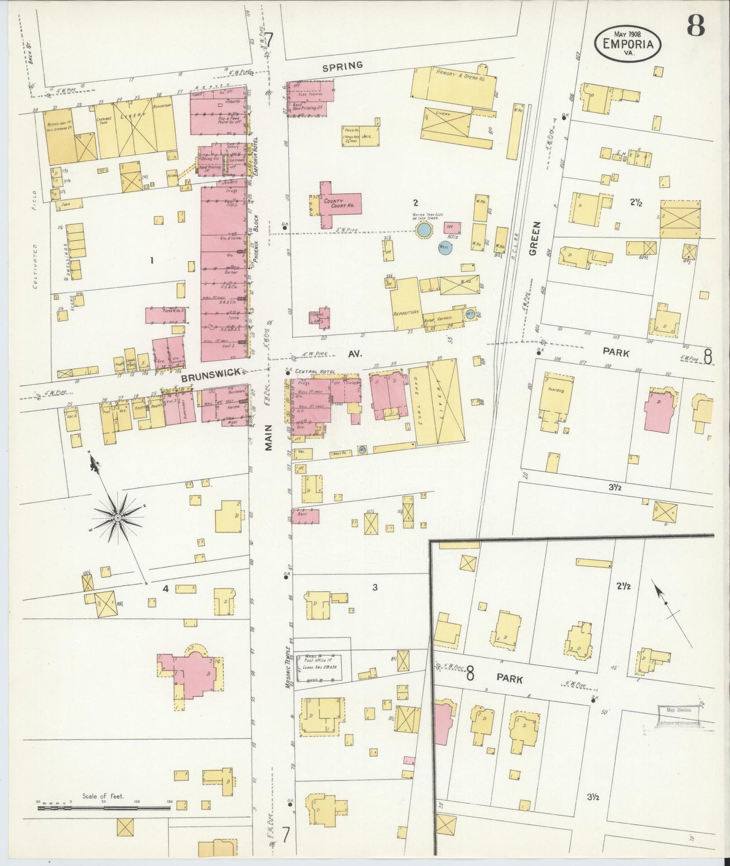 Sanborn Fire Insurance Map from Emporia, Independent Cities, Virginia (1909), Sheet #0008 - Historic Sanborn Fire Insurance Map Print, vintage old map wall art, antique decor, genealogy gift, Virginia Virginia map
