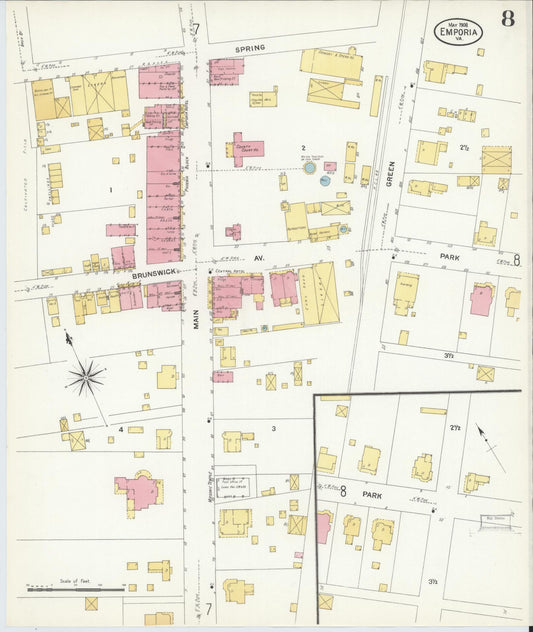 Sanborn Fire Insurance Map from Emporia, Independent Cities, Virginia (1909), Sheet #0008 - Historic Sanborn Fire Insurance Map Print, vintage old map wall art, antique decor, genealogy gift, Virginia Virginia map
