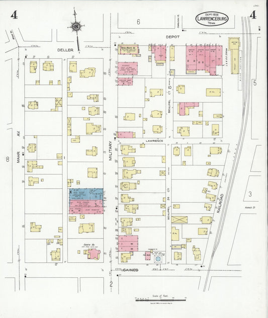 Sanborn Fire Insurance Map from Lawrenceburg, Lawrence County, Tennessee (1926), Sheet #0004 - Historic Sanborn Fire Insurance Map Print, vintage old map wall art, antique decor, genealogy gift, Tennessee Tennessee map