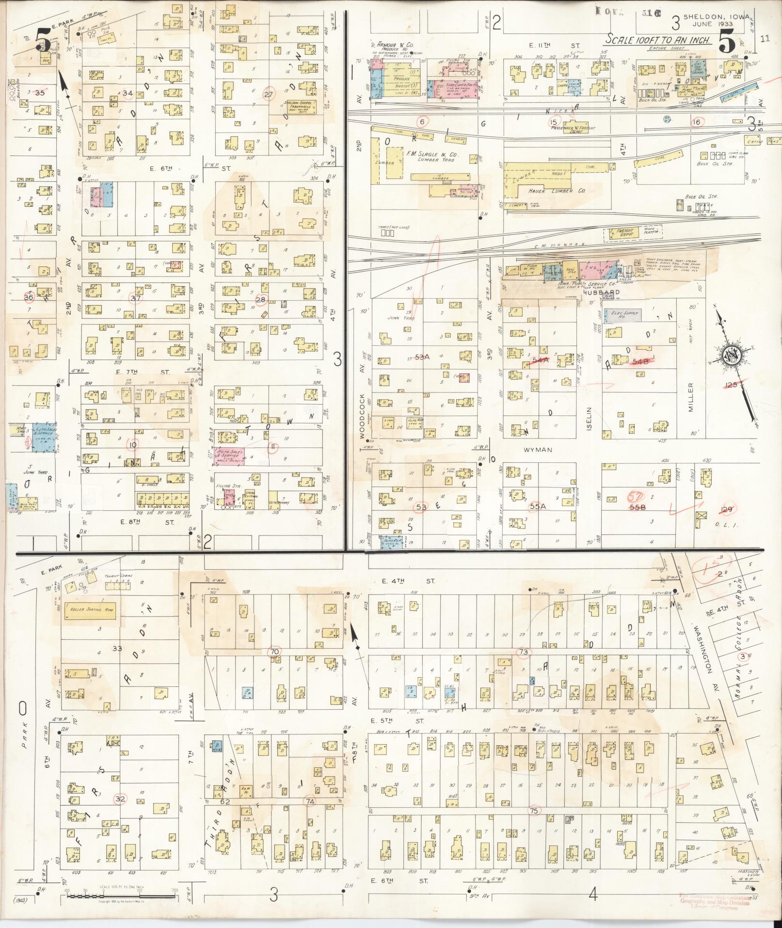 Sanborn Fire Insurance Map from Sheldon, O'Brien County, Iowa (1948), Sheet #0005 - Historic Sanborn Fire Insurance Map Print, vintage old map wall art