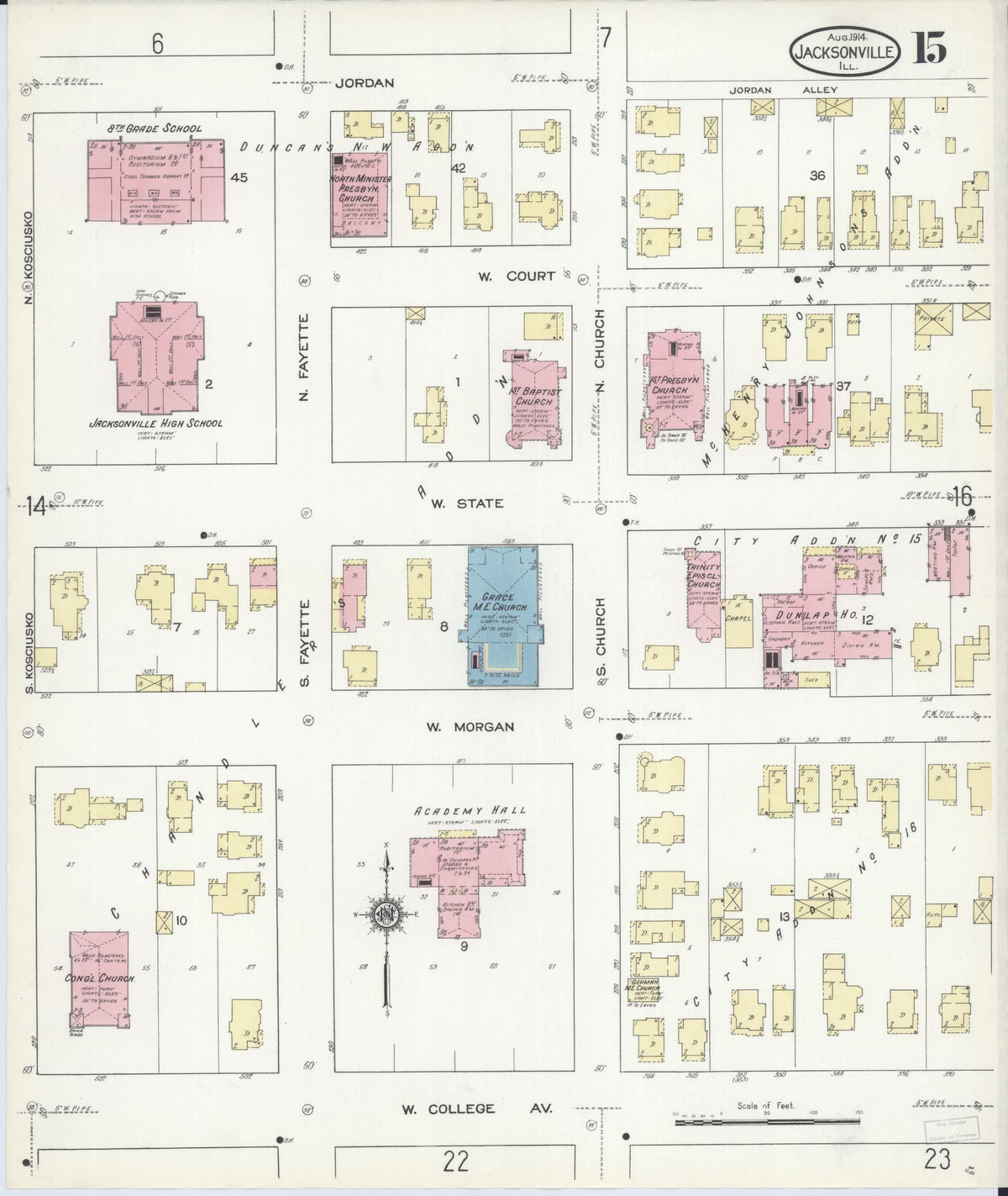 Sanborn Fire Insurance Map from Jacksonville, Morgan County, Illinois (1914), Sheet #0015 - Complete Map Set gallery image, historic Sanborn map, vintage wall art, Illinois Illinois