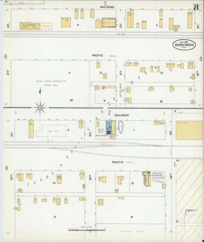 Sanborn Fire Insurance Map from Honey Grove, Fannin County, Texas (1902), Sheet #0008 - Complete Map Set gallery image, historic Sanborn map, vintage wall art, Texas Texas
