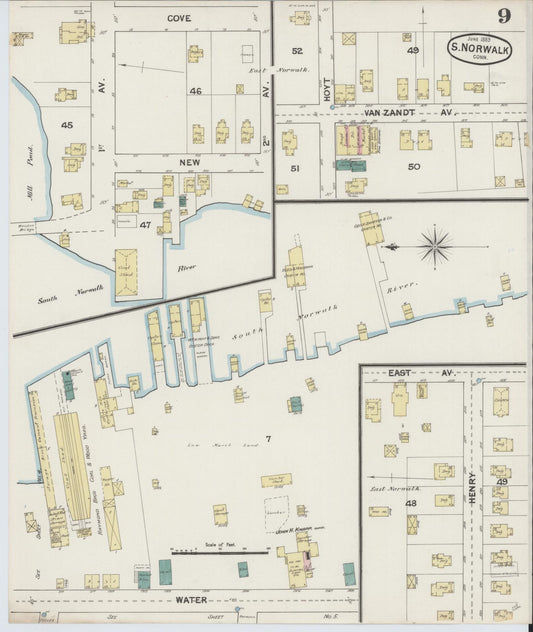 Sanborn Fire Insurance Map from South Norwalk, Fairfield County, Connecticut (1889), Sheet #0009 - Historic Sanborn Fire Insurance Map Print, vintage old map wall art, antique decor, genealogy gift, Connecticut Connecticut map