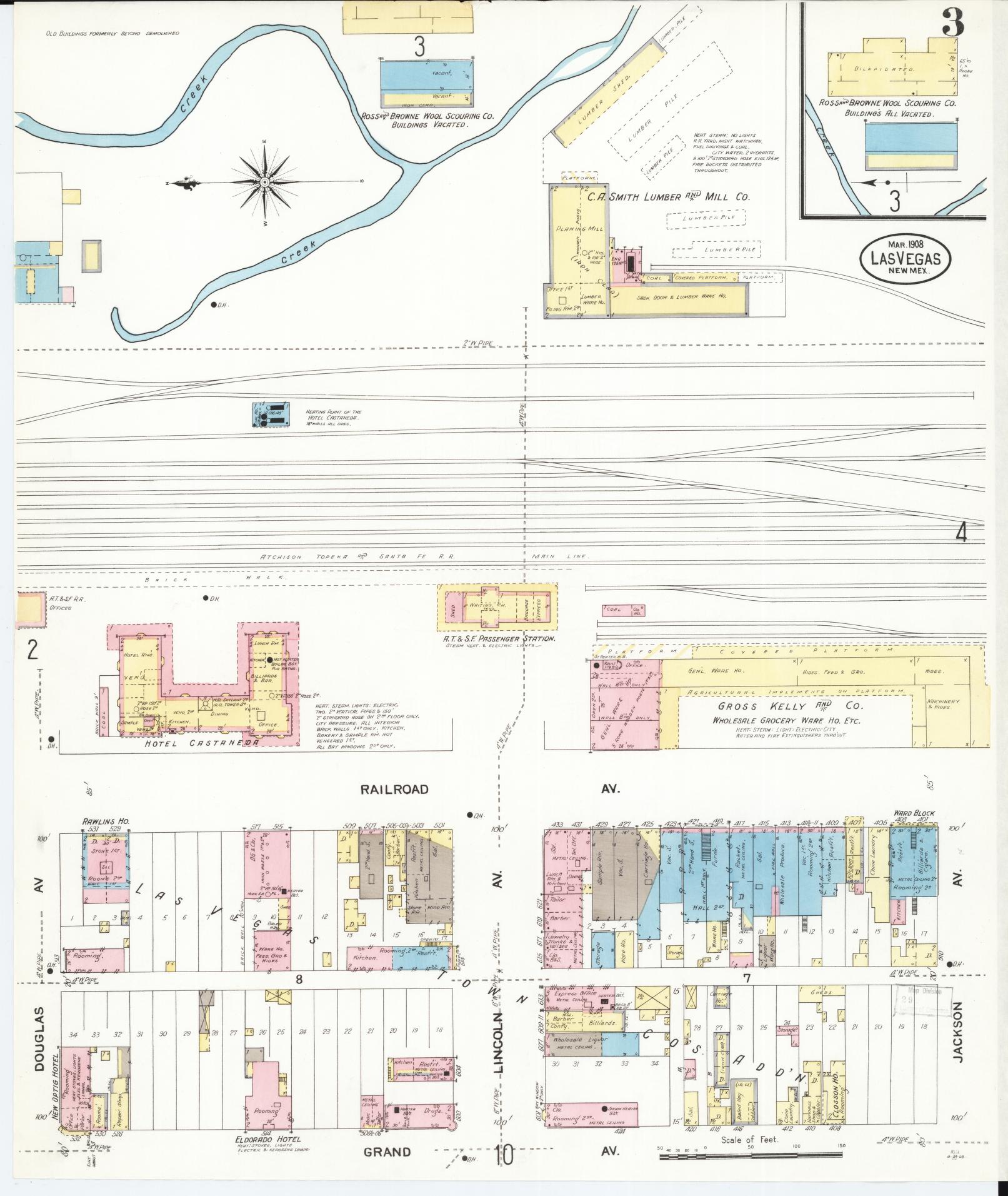 Sanborn Fire Insurance Map from Las Vegas, San Miguel County, New Mexico (1908), Sheet #0003 - Complete Map Set gallery image, historic Sanborn map, vintage wall art, New Mexico New Mexico
