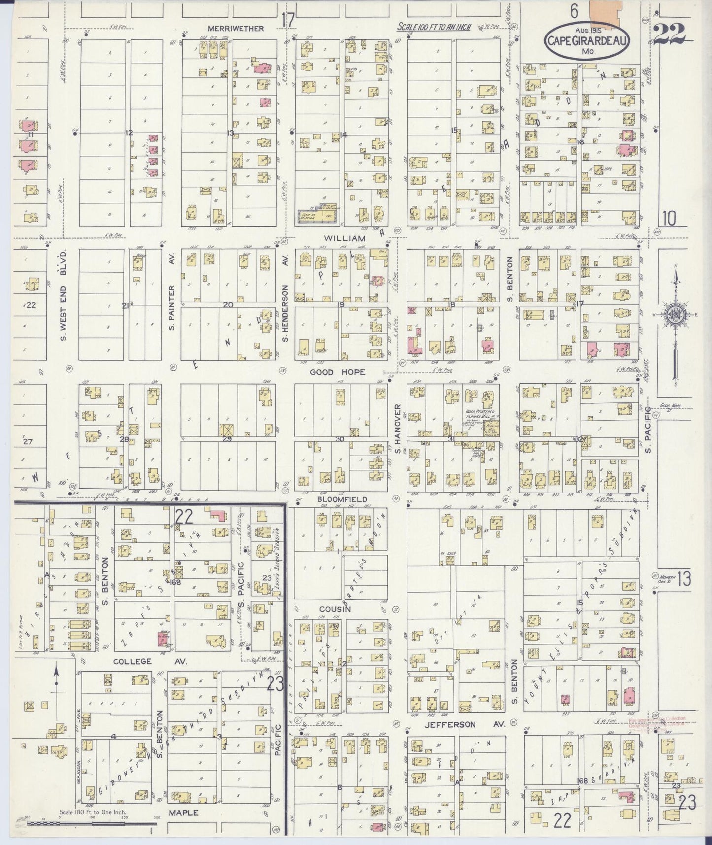 Sanborn Fire Insurance Map from Cape Girardeau, Cape Girardeau County, Missouri (1915), Sheet #0022 - Historic Sanborn Fire Insurance Map Print, vintage old map wall art, antique decor, genealogy gift, Missouri Missouri map
