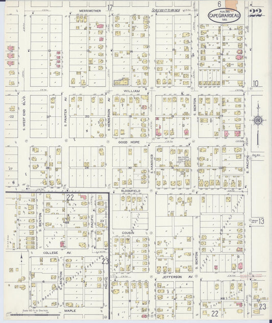 Sanborn Fire Insurance Map from Cape Girardeau, Cape Girardeau County, Missouri (1915), Sheet #0022 - Historic Sanborn Fire Insurance Map Print, vintage old map wall art, antique decor, genealogy gift, Missouri Missouri map