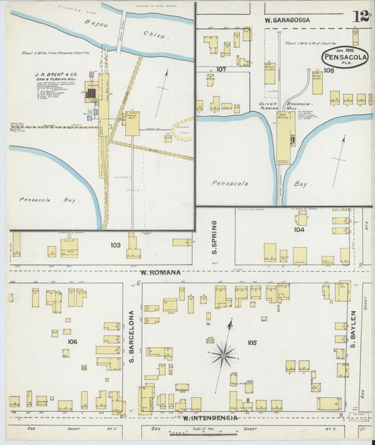Sanborn Fire Insurance Map from Pensacola, Escambia County, Florida (1892), Sheet #0012 - Historic Sanborn Fire Insurance Map Print, vintage old map wall art, antique decor, genealogy gift, Florida Florida map