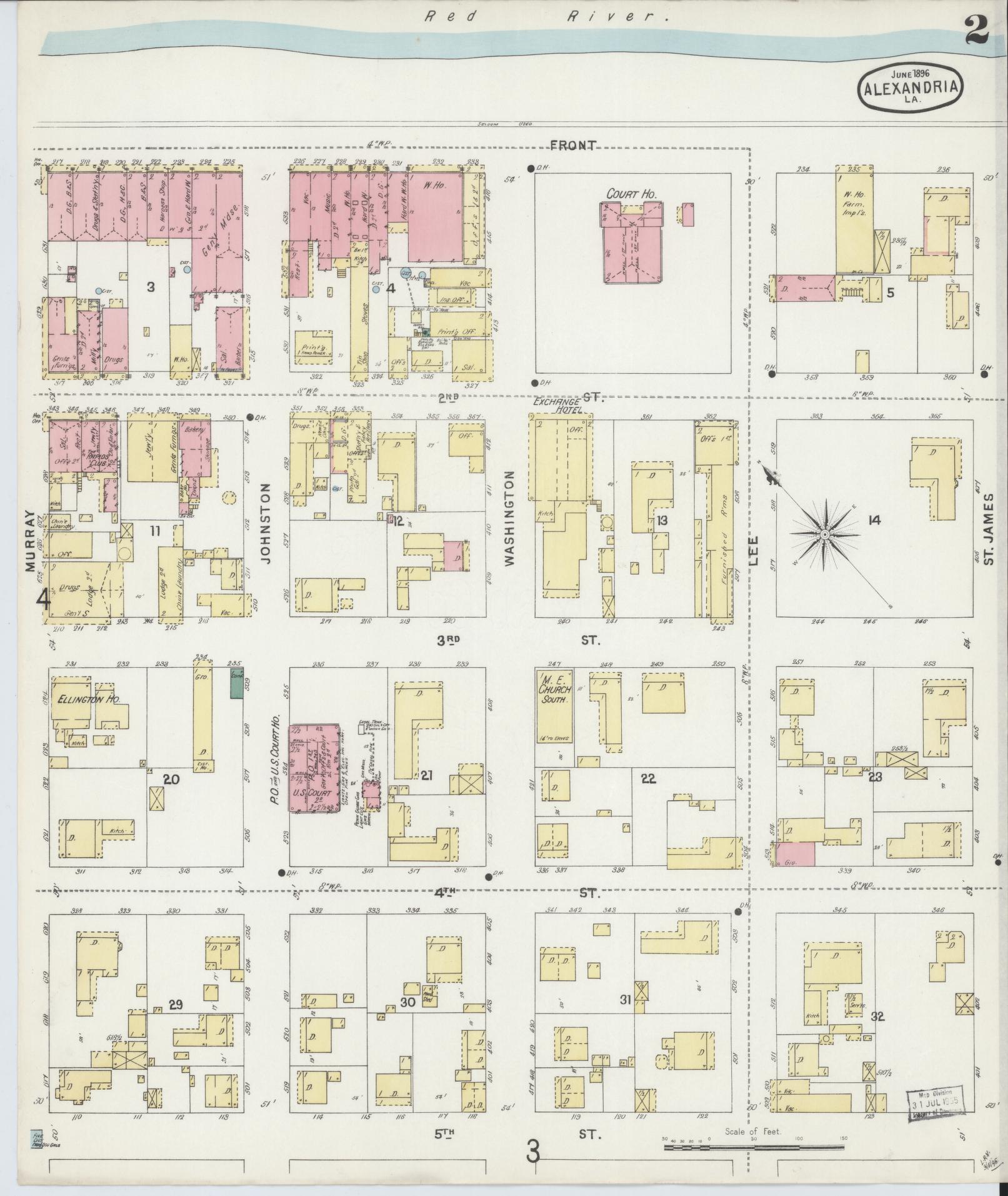 Sanborn Fire Insurance Map from Alexandria, Rapides Parish, Louisiana (1896), Sheet #0002 - Historic Sanborn Fire Insurance Map Print, vintage old map wall art, antique decor, genealogy gift, Louisiana Louisiana map