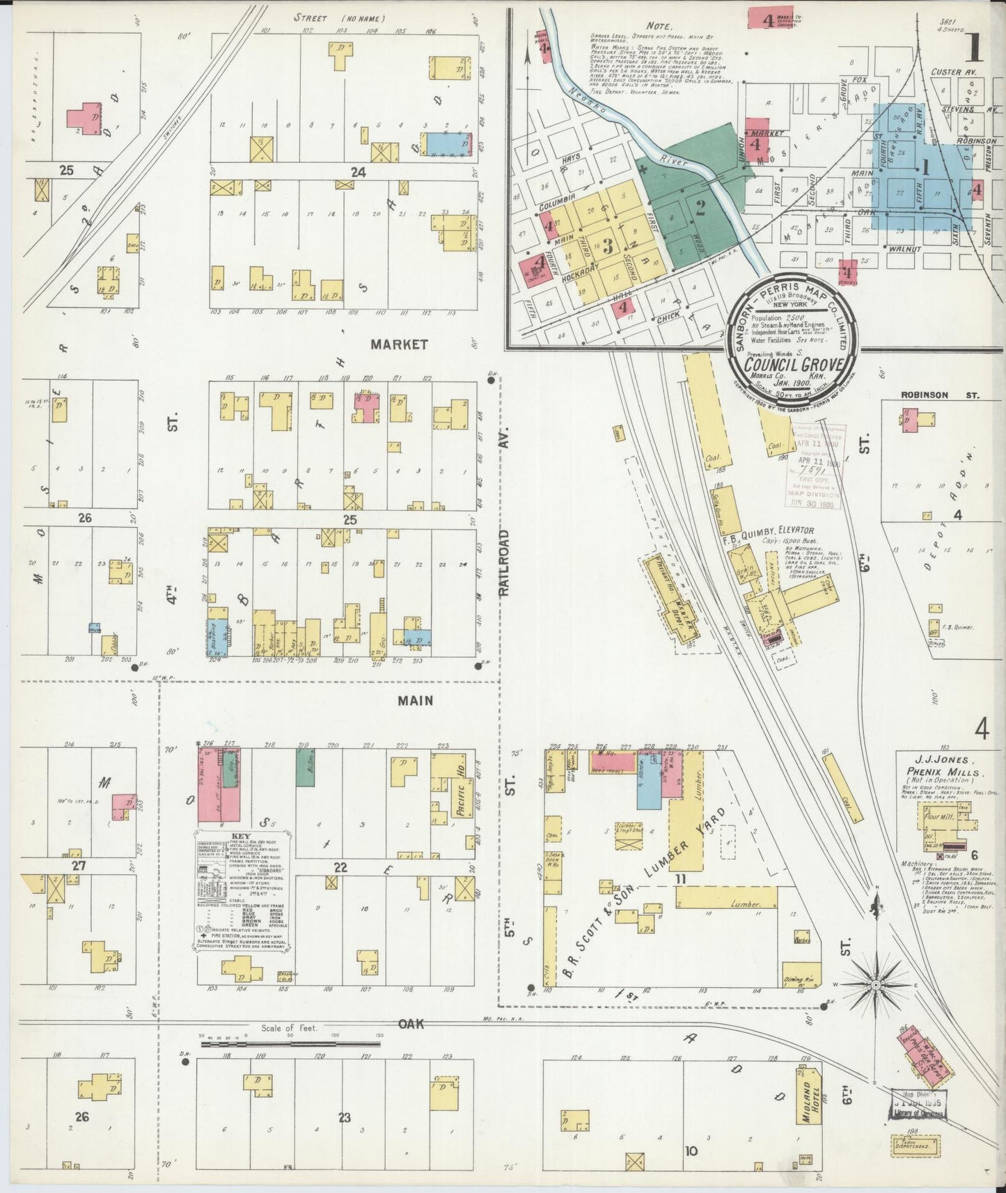 Sanborn Fire Insurance Map from Council Grove, Morris County, Kansas (1900), Sheet #0001 - Historic Sanborn Fire Insurance Map Print, vintage old map wall art, antique decor, genealogy gift, Kansas Kansas map