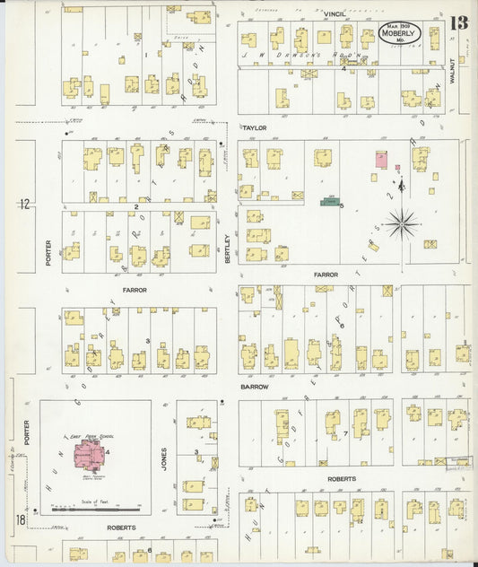 Sanborn Fire Insurance Map from Moberly, Randolph County, Missouri (1909), Sheet #0013 - Historic Sanborn Fire Insurance Map Print, vintage old map wall art, antique decor, genealogy gift, Missouri Missouri map