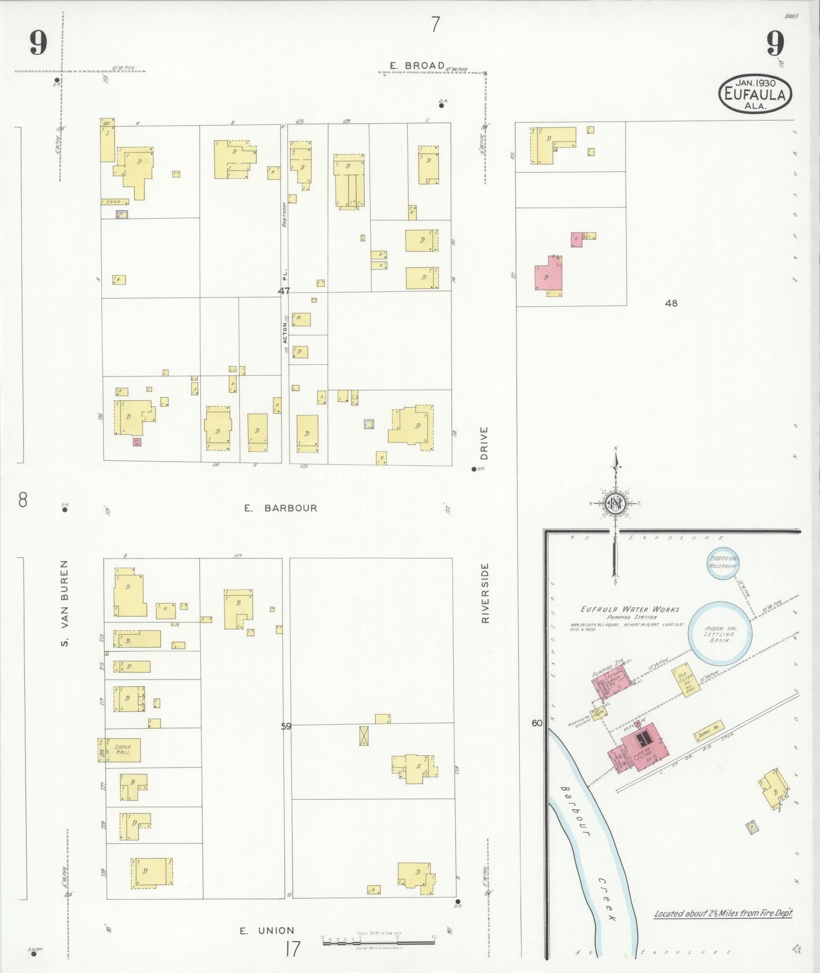 Sanborn Fire Insurance Map from Eufaula, Barbour County, Alabama (1930), Sheet #0009 - Complete Map Set gallery image, historic Sanborn map, vintage wall art, Alabama Alabama