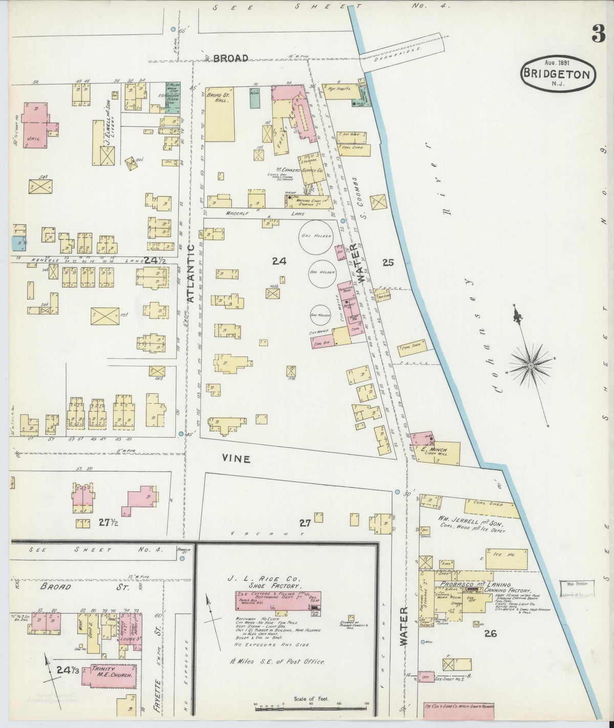 Sanborn Fire Insurance Map from Bridgeton, Cumberland County, New Jersey (1891), Sheet #0003 - Complete Map Set gallery image, historic Sanborn map, vintage wall art, New Jersey New Jersey