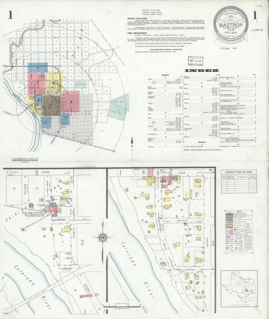 Sanborn Fire Insurance Map from Bastrop, Bastrop County, Texas (1934), Sheet #0001 - Historic Sanborn Fire Insurance Map Print, vintage old map wall art, antique decor, genealogy gift, Texas Texas map