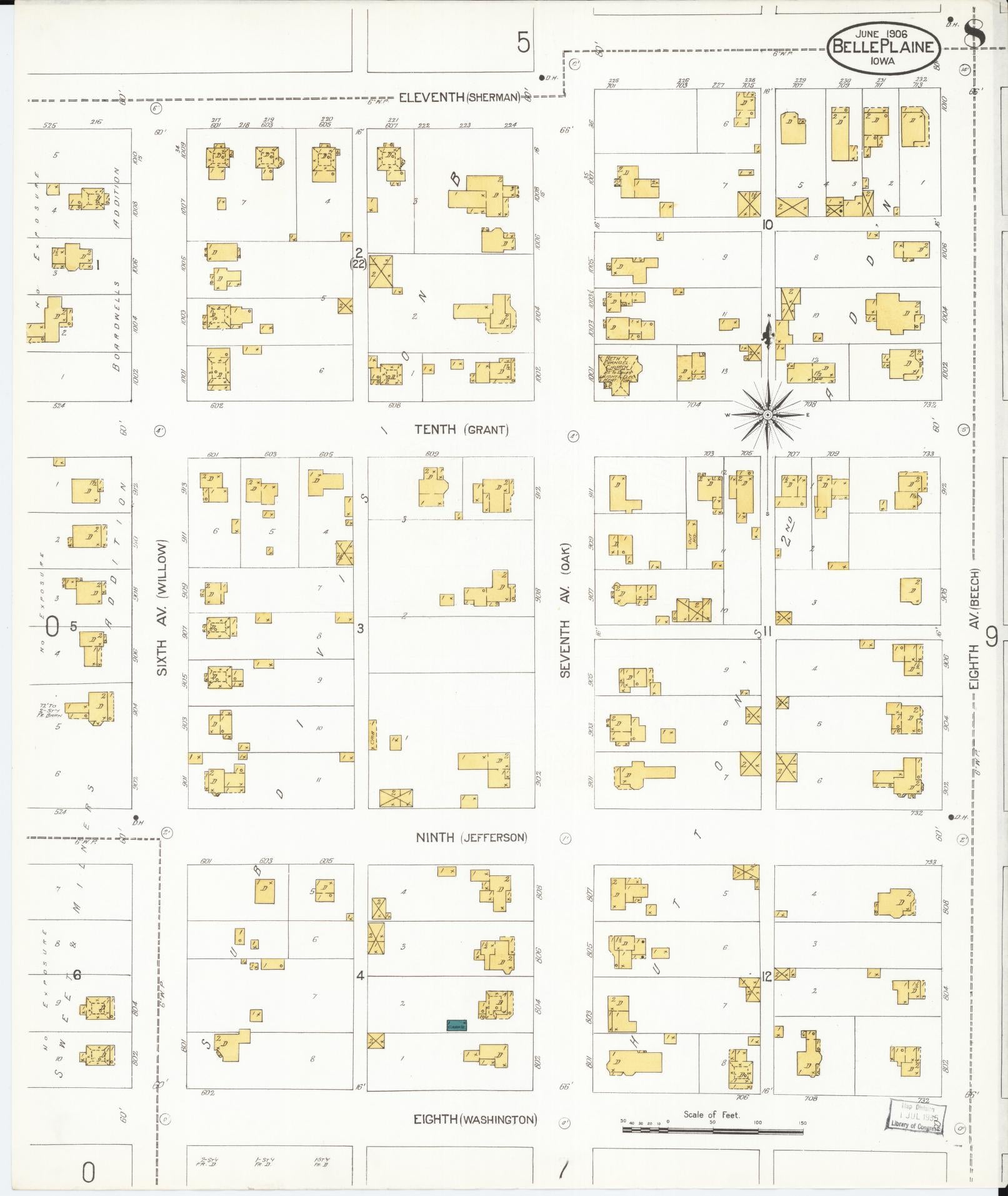 Sanborn Fire Insurance Map from Belle Plaine, Benton County, Iowa (1906), Sheet #0008 - Historic Sanborn Fire Insurance Map Print, vintage old map wall art