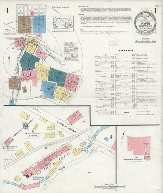 Sanborn Fire Insurance Map from Irwin, Westmoreland County, Pennsylvania (1925), Sheet #0001 - Historic Sanborn Fire Insurance Map Print, vintage old map wall art, antique decor, genealogy gift, Pennsylvania Pennsylvania map