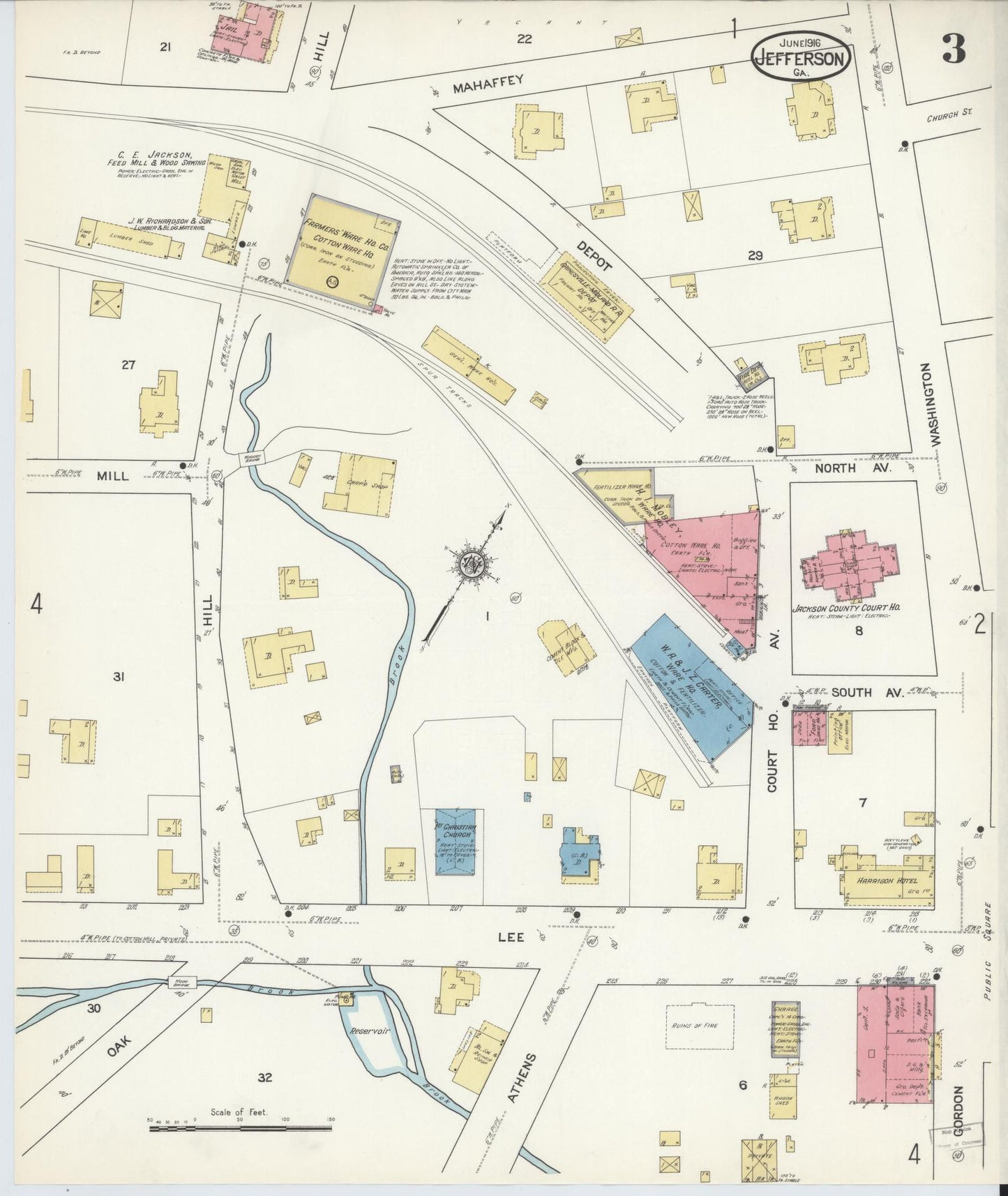 Sanborn Fire Insurance Map from Jefferson, Jackson County, Georgia (1916), Sheet #0003 - Complete Map Set gallery image, historic Sanborn map, vintage wall art, Georgia Georgia