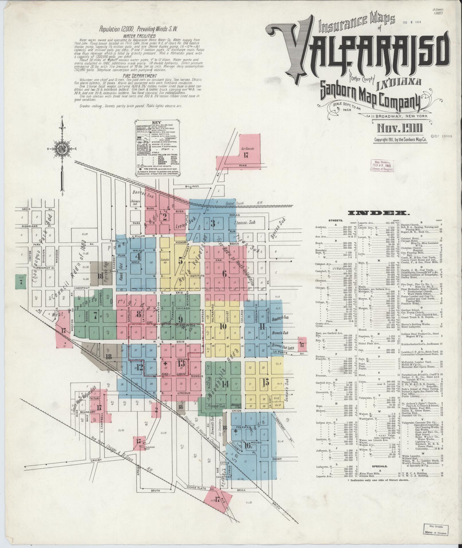 Sanborn Fire Insurance Map from Valparaiso, Porter County, Indiana. (1910) – Historic Sanborn Fire Insurance Map Print