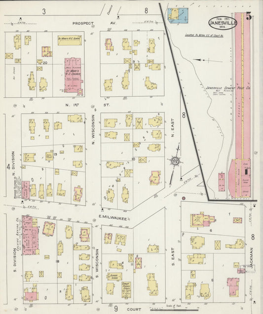 Sanborn Fire Insurance Map from Janesville, Rock County, Wisconsin (1915), Sheet #0005 - Historic Sanborn Fire Insurance Map Print, vintage old map wall art, antique decor, genealogy gift, Wisconsin Wisconsin map