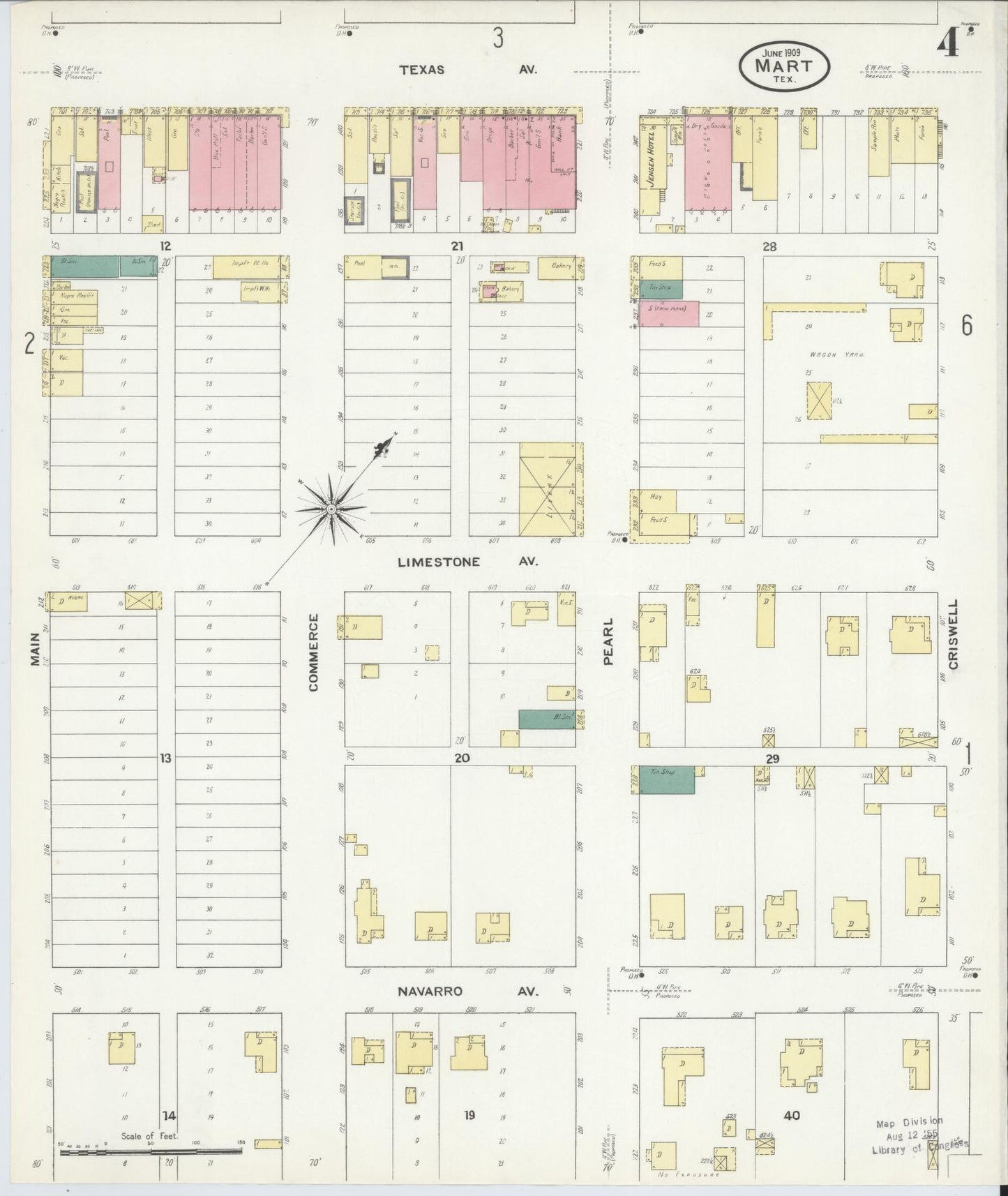 Sanborn Fire Insurance Map from Mart, McLennan County, Texas (1909), Sheet #0004 - Historic Sanborn Fire Insurance Map Print, vintage old map wall art, antique decor, genealogy gift, Texas Texas map