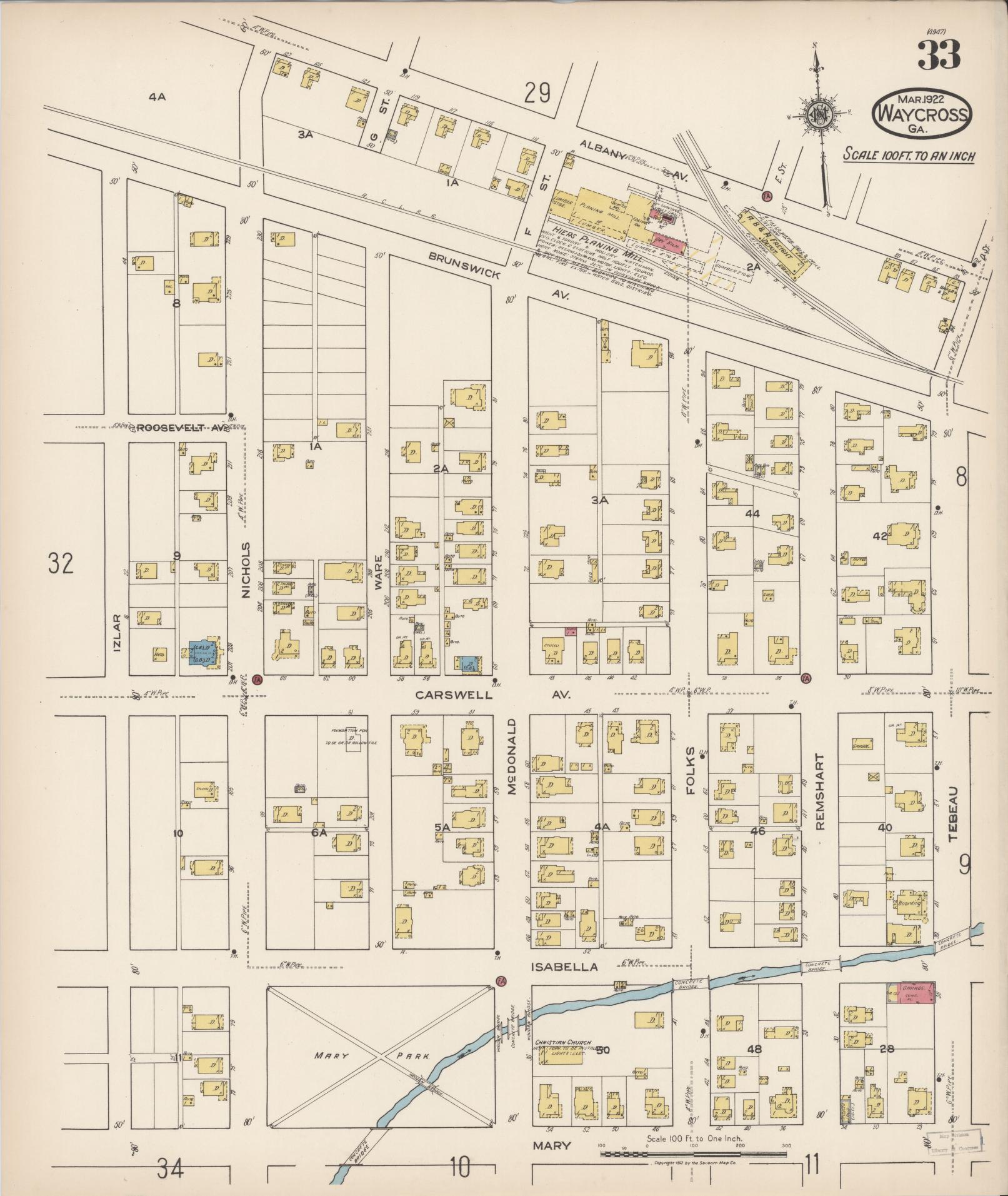 Sanborn Fire Insurance Map from Waycross, Ware County, Georgia (1922), Sheet #0033 - Historic Sanborn Fire Insurance Map Print, vintage old map wall art, antique decor, genealogy gift, Georgia Georgia map