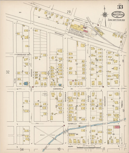 Sanborn Fire Insurance Map from Waycross, Ware County, Georgia (1922), Sheet #0033 - Historic Sanborn Fire Insurance Map Print, vintage old map wall art, antique decor, genealogy gift, Georgia Georgia map