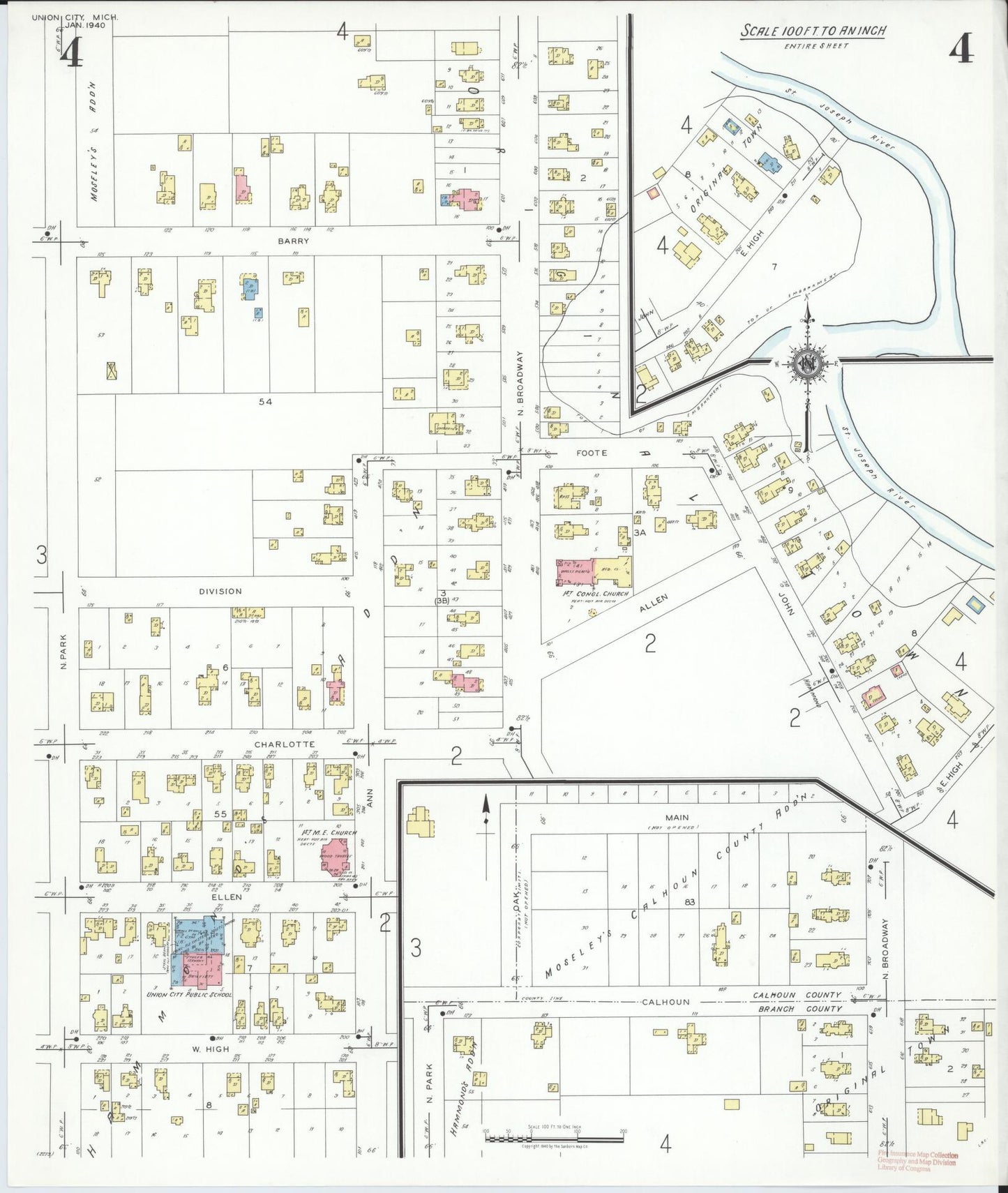 Sanborn Fire Insurance Map from Union City, Branch And Calhoun Counties, Michigan (1940), Sheet #0004 - Complete Map Set gallery image, historic Sanborn map, vintage wall art, Michigan Michigan