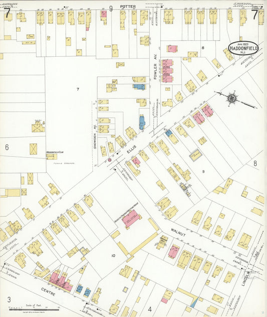 Sanborn Fire Insurance Map from Haddonfield, Camden County, New Jersey (1923), Sheet #0007 - Historic Sanborn Fire Insurance Map Print, vintage old map wall art, antique decor, genealogy gift, New Jersey New Jersey map