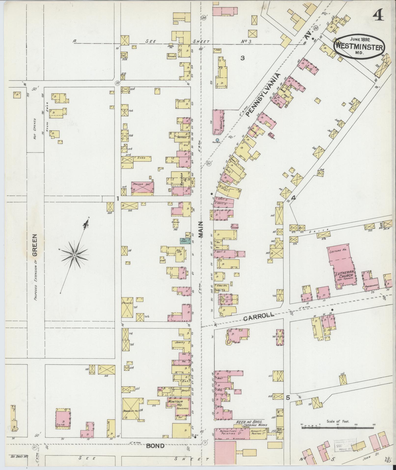 Sanborn Fire Insurance Map from Westminster, Carroll County, Maryland (1892), Sheet #0004 - Historic Sanborn Fire Insurance Map Print, vintage old map wall art, antique decor, genealogy gift, Maryland Maryland map
