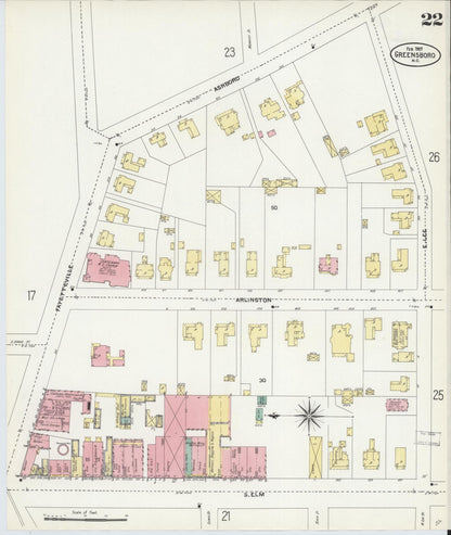 Sanborn Fire Insurance Map from Greensboro, Guilford County, North Carolina (1907), Sheet #0022 - Complete Map Set gallery image, historic Sanborn map, vintage wall art, North Carolina North Carolina