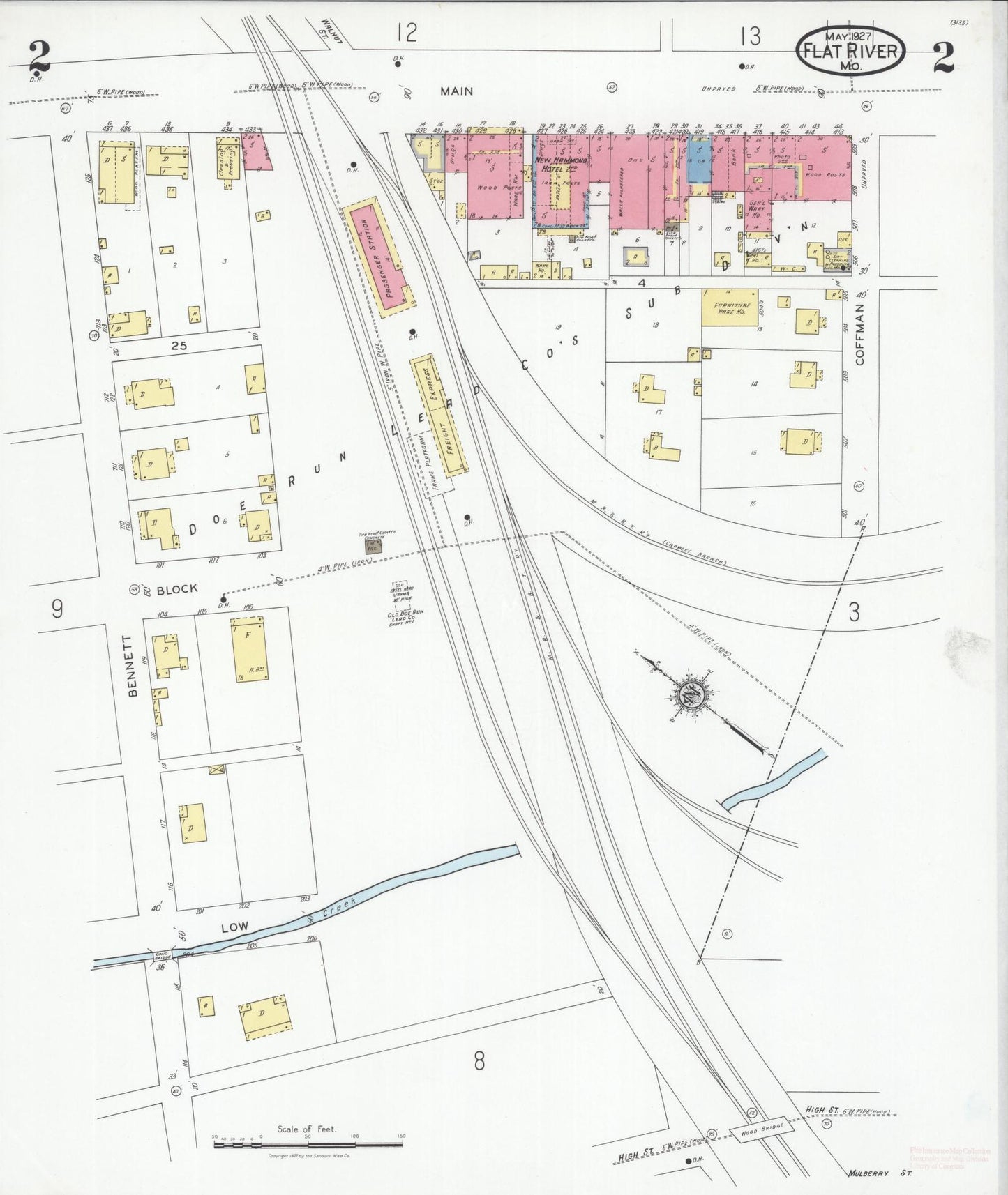 Sanborn Fire Insurance Map from Flat River, Saint Francois County, Missouri (1927), Sheet #0002 - Historic Sanborn Fire Insurance Map Print, vintage old map wall art, antique decor, genealogy gift, Missouri Missouri map