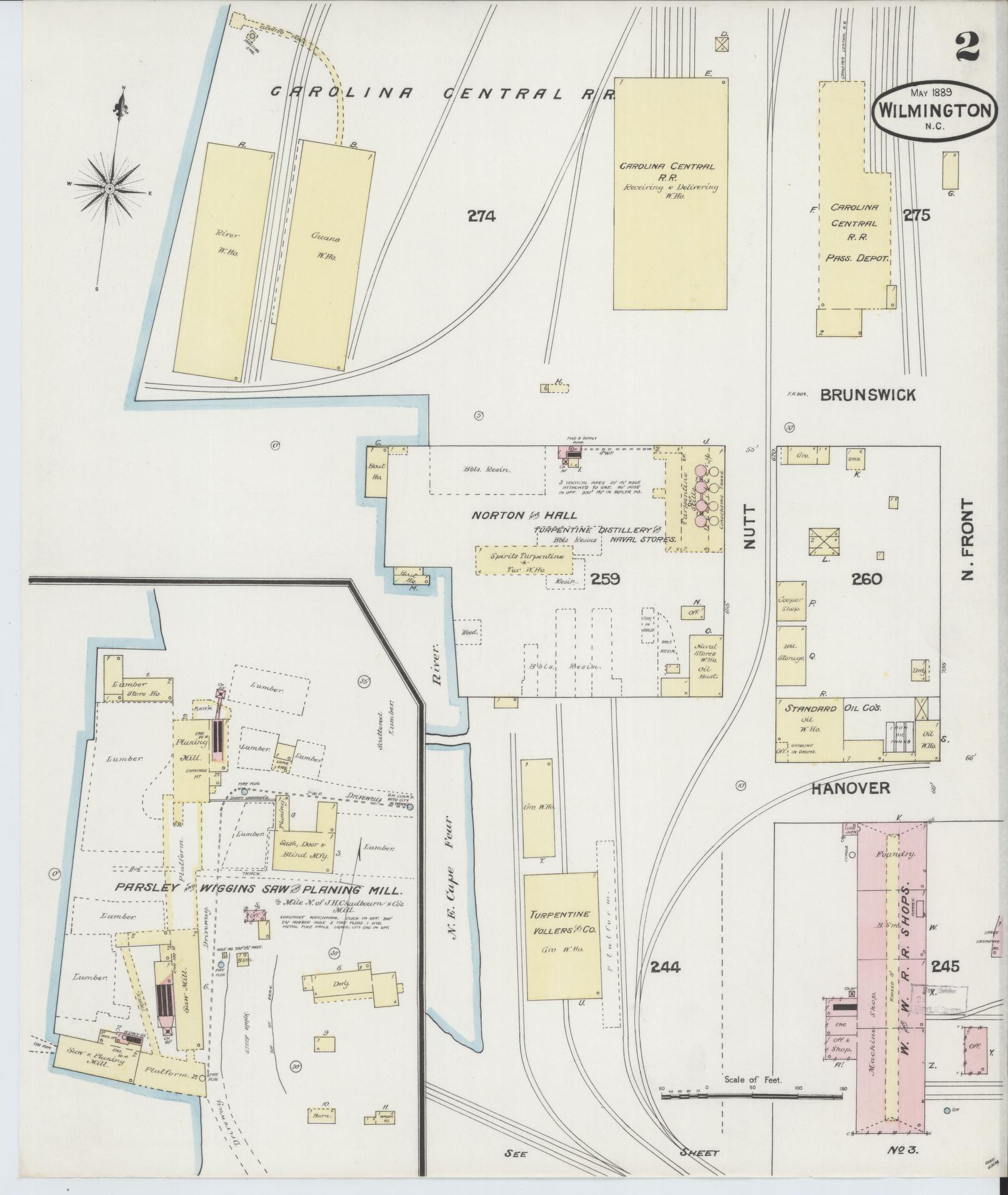 Sanborn Fire Insurance Map from Wilmington, New Hanover County, North Carolina (1889), Sheet #0002 - Complete Map Set gallery image, historic Sanborn map, vintage wall art, North Carolina North Carolina