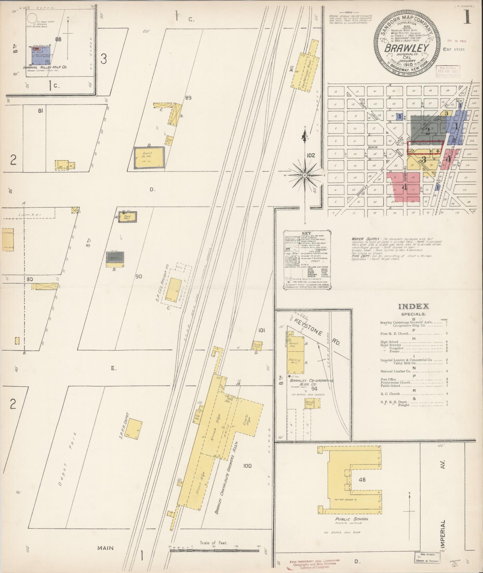 Sanborn Fire Insurance Map from Brawley, Imperial County, California (1910), Sheet #0001 - Historic Sanborn Fire Insurance Map Print, vintage old map wall art, antique decor, genealogy gift, California California map